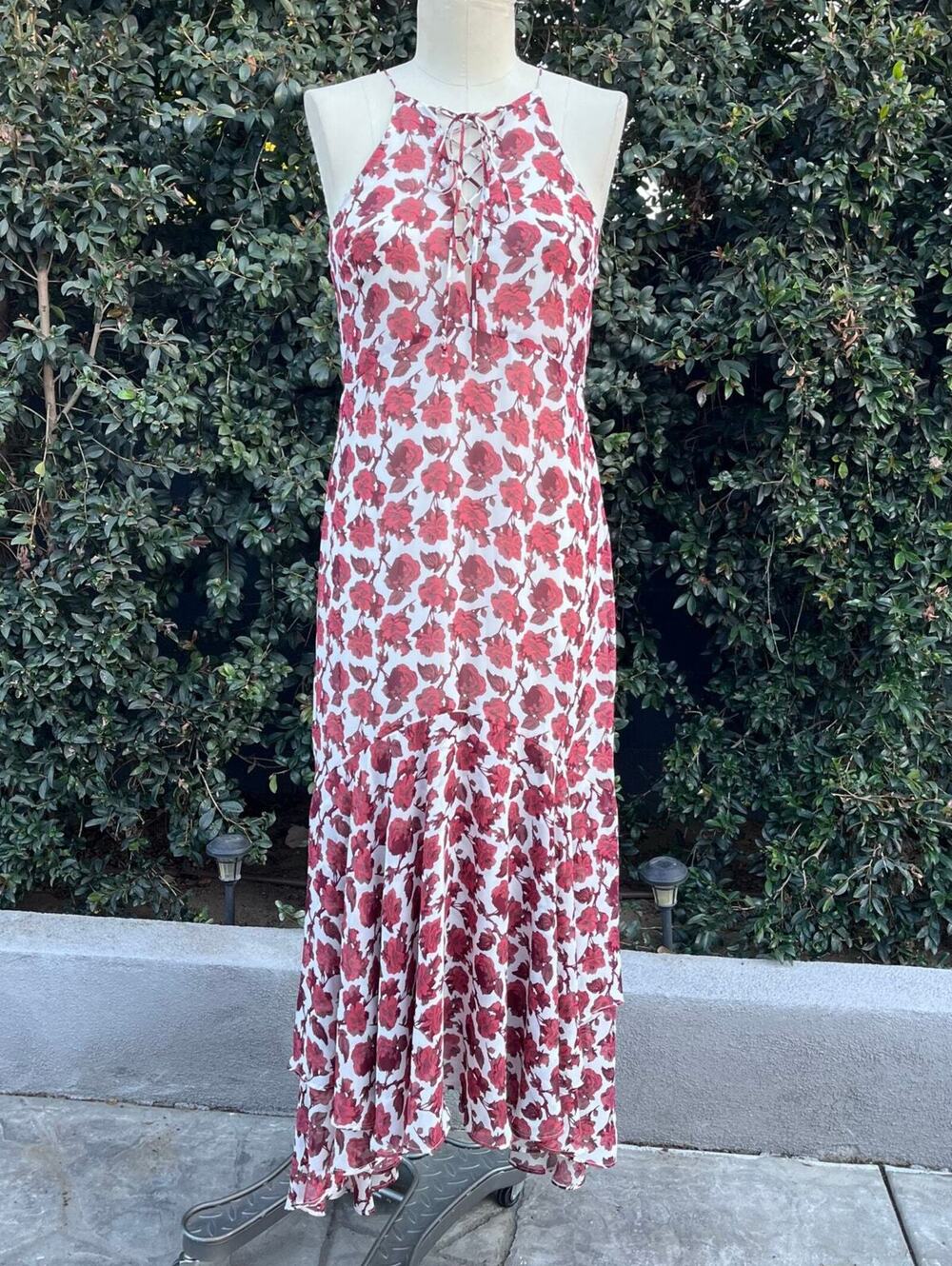 Betsey Johnson Women’s Red White Floral Lace-Up Maxi Dress 90s Grunge Boho Sz 4
